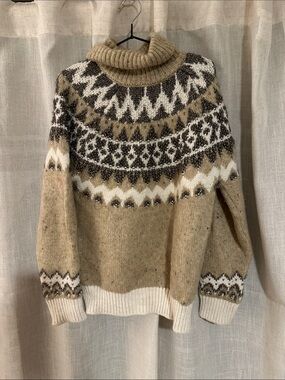 Pilcro Turtleneck Fair Isle Sweater in Beige, White, and Metallic Dark Brown